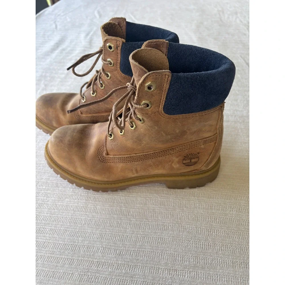 Timberland 6 Inch Premium Leather Waterproof Boots Brown Navy 7.5‎ M A1964
